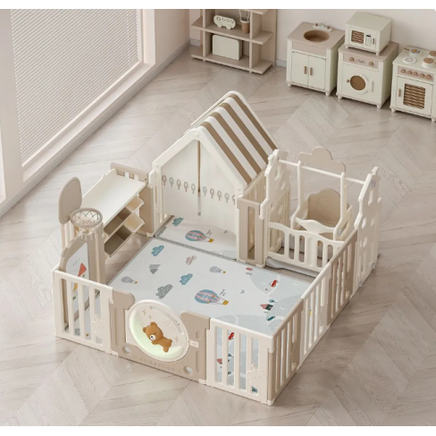 Манеж UNIX Kids DeLuxe House&Storage Camel с качелями, баскетбольной стойкой, доской для рисования, местом для хранения игрушек