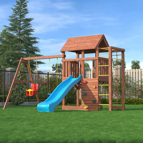 Детская деревянная игровая площадка для улицы, дачи CustWood Scout SC4+ с большой деревянной крышей